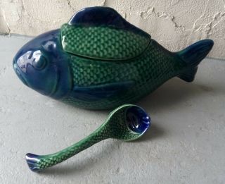 Vintage Hand Painted Large Fish Soup Tureen With Ladle Marked P2090
