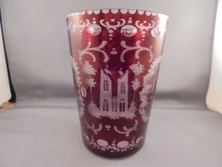 Vintage Egermann Czech Glass Ruby Red Etched Beaker Style Vase W Deer Castle