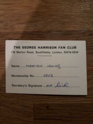 Beatles George Harrison Fan Club Membership Card 1973 Very Rare