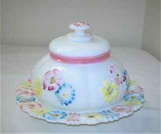 Consolidated Cosmos Milk Glass Round Covered Butter Dish Stemless Daisy