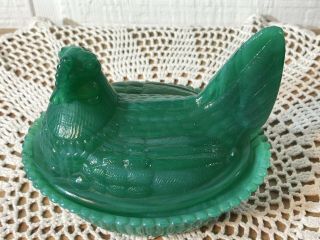 Vintage Boyd Nested Hen Green Swirl Glass Candy Dish Nr