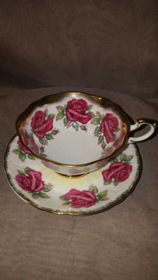 Vintage Paragon Tea Cup & Saucer Red Cabbage Roses On White.  England