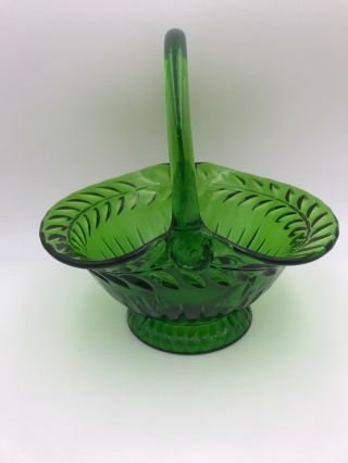Vintage Art Glass Basket - Md Handle - Green Basket - Fruit Basket