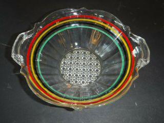 Vtg Anchor Hocking Color Banded Rings Depression Glass Bowl Handles Scalloped