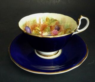 Aynsley Orchard Fruit Cobalt Blue,  Gold Trim Footed Cup & Saucer