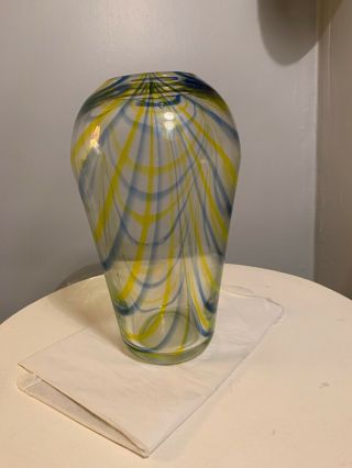 Hand Blown Art Glass Vase With Yellow And Blue Ribbons