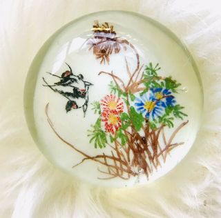 Vintage Chinese Art Glass Hand Paired Paperweight Flowers Birds