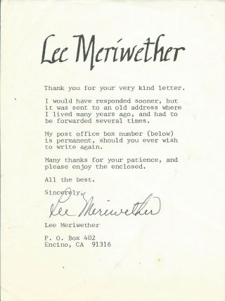Lee Meriwether Batman Catwoman Signed Letter Personal Stationery