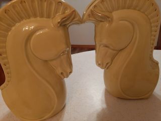 Haeger Trojan Horse Head Planter Vase Pair,  Mid - Century,  Chartreuse With Gold