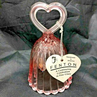 Fenton Art Glass Pink Heart 5 1/4 " Bell " Your Ring Is True " With Sticker & Tag