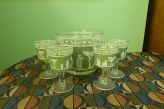 Jeanette Wedgewood Green Hellenic Grecian Greek 4 Cordial Glasses & Ice Bucket