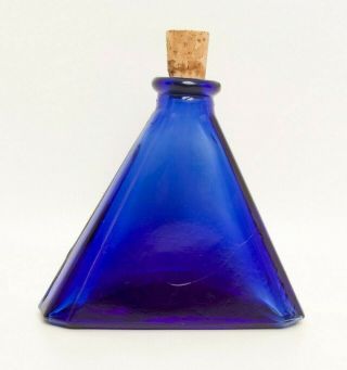 Vintage Cobalt Blue Glass Bottle Triangle Shaped Cork Stopper Apothecary Budvase