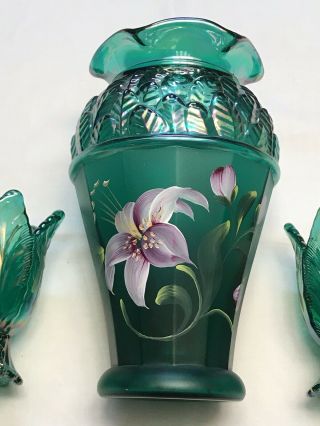 Fenton 3 Piece Glass Vase Iridescent Green Hand Painted With Sticker And Signed