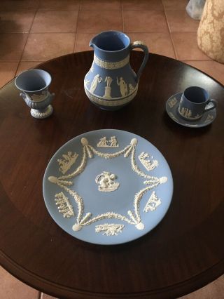 Vintage Wedgwood Blue Jasperware Plate Urn Bud Vase Pitcher Demitasse Cup Saucer