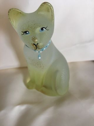 Fenton Art Glass Limited Sitting Cat Hand Painted Green And Gold