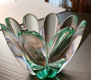 Vintage Swedish Orrefors Green Crystal Tulip Vase Bowl Signed 4