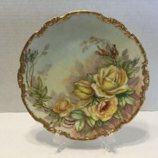 Vintage La Seynie Limoges Hand Painted Yellow Roses W/gold Plate
