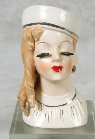 Rare Vintage Lady Head Vase Long Blonde Curly Hair White Pillbox Hat Rubens?
