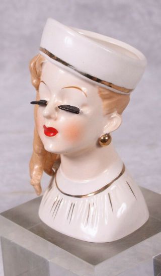 Rare Vintage Lady Head Vase Long Blonde Curly Hair White Pillbox Hat Rubens? 3