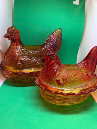 Vintage Amber Glass Chicken Hen Nest Covered Farmhouse Candy Dish Bowl Rooster 2