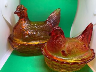 Vintage Amber Glass Chicken Hen Nest Covered Farmhouse Candy Dish Bowl Rooster 2 2