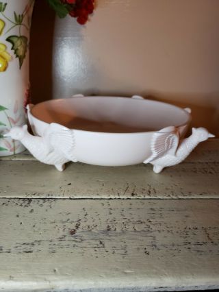 Shell Pink Milk Glass 3 Footed Bowl Dish By Jeanette Co.  Pheasant Decoration 50s