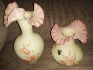 Vintage Fenton Glass Burmese Custard Pinch 2 Vases Yellow Pink Roses Ruffle