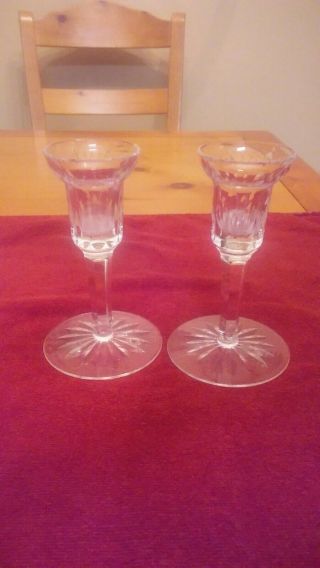 Vintage Pair Waterford Crystal Candle Holders Cut Glass Taper 5 1/2 " Signed