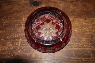 Vintage Crystal Red Ruby Cut To Clear Ashtray