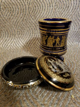 Rare Vintage Spyropoulos Cup Hand Made Greece 24 K Gold Blue Porcelain