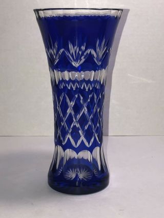 Vintage Bohemian Czech Glass Vase Cobalt Blue Cut To Clear 8.  5 "