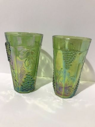 2 Green Indiana Carnival Glass Grape And Leaves Ivy Drinking Glasses