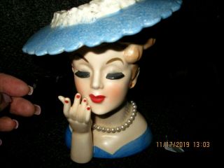 National Potteries Napco C3307 Lady 6 " Head Vase Blonde Blue Hat Pearls