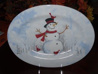222 Fifth Christmas 14 " Snowman Platter Winter Cheer Red Bird Snow Scene