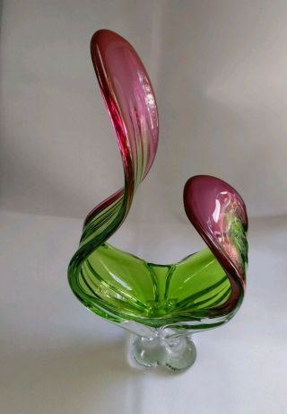 Stunning Large Art Glass Cranberry Clear & Green Vase