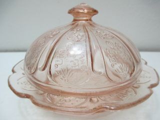 Vintage Jeannette Glass Cherry Blossom Round Butter Dish Cover Pink Depression
