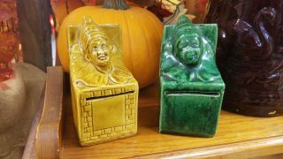 Two Antique Jester Clown Jack In The Box Art Pottery Still Banks.  Roseville?