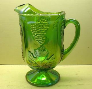 Vintage Indiana Iridescent Carnival Glass Green Harvest Grape Pitcher Ice Lip