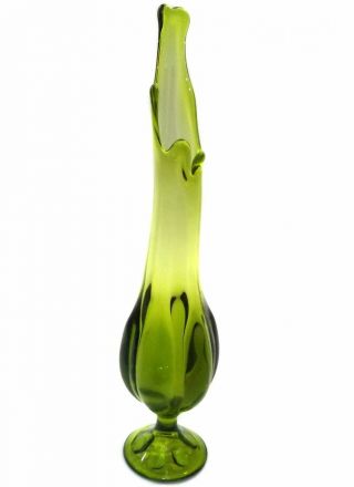 Vintage Mid - Century Modern Green Swung Art Glass Pedestal Vase
