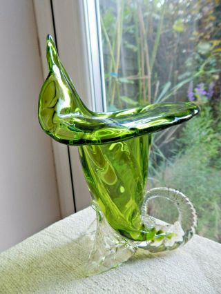 Vintage Murano Glass Cornucopia Green Shell Vase Mid Century Italian Vase
