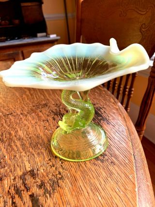 Northwood Glass Vaseline Yellow Opalescent Dolphin Card Receiver Or Candy Dish