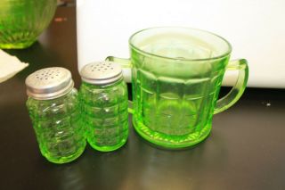 Depression Glass Green - Squared Look Sugar Jar And Salt And Pepper Shakers