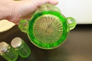 Depression Glass green - squared look sugar jar and salt and pepper shakers 7