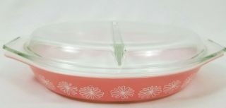 Vintage Pyrex Pink Daisy Divided Casserole Dish 1.  5 Quart With Glass Lid
