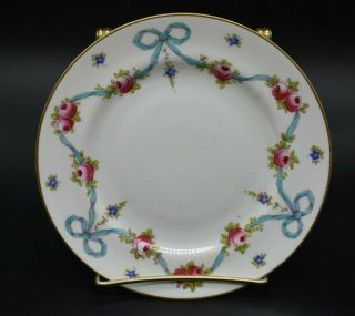 Crown Staffordshire English Blue Bows Pink Roses & Gold 7 1/4 " Salad Plate A8243