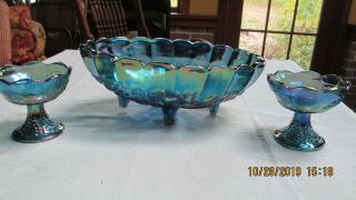 Blue Harvest Iridesent Harvest Grape Carnival Glass Oval Footed Bowl & Candlesti