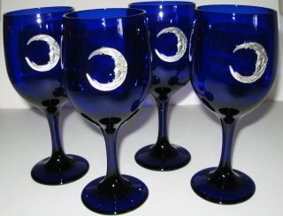 Vintage Cobalt Blue Glass Wine Goblets With Art Nouveau Pewter