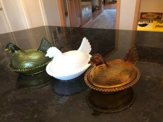 3 Indiana Glass Hen On Nest Olive Green Amber White Chicken Candy Dish Bowl Lid