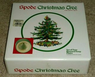 Set Of 4 Spode Christmas Holly Tree - 9 " Rimmed Soup Plates - Brand