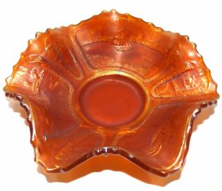 Antique Fenton Orange Carnival Glass Ruffled Edge Bowl With Sailboats Pattern
